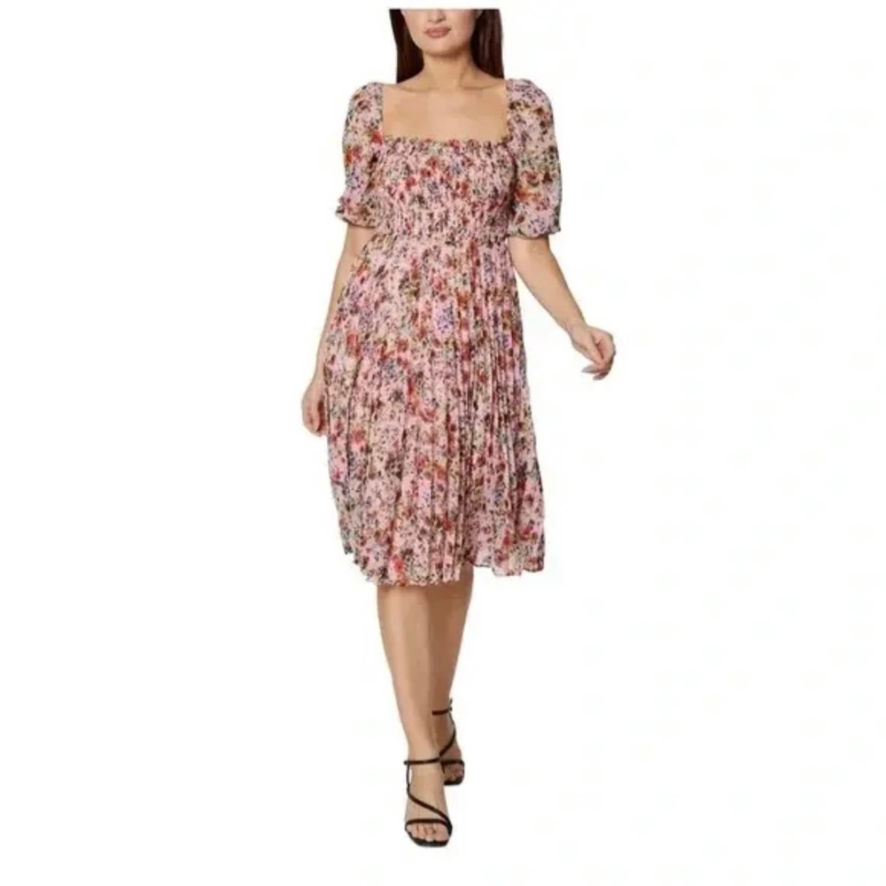 BCBGeneration Pink Floral Wildflower Smocked Puff Sleeve Pleated Dress S…